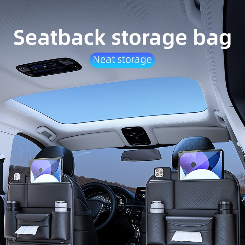 Ling Grid Backrest Storage Bag: Large Capacity, PU Leather, Car Seat Organizer
