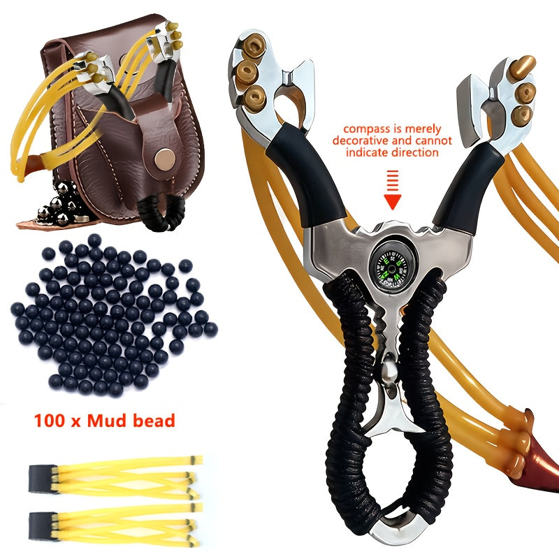Alloy High-Velocity Slingshot Set for Hunting – Professional Catapult with Slingshot Bag, 100 Mud Beads & 2 Rubber Bands | Outdoor Target Practice & Small Game Hunting Slingshot Kit with Compass Accent