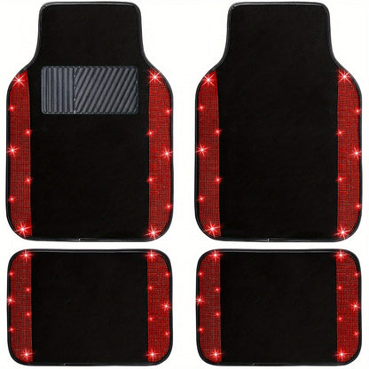 Bling Car Floor Mats Full Set – Rhinestone Sparkle Glitter Diamond Carpet, Universal Fit Cars SUV Trucks, 4pcs Anti-Slip Pad, Cute Car Accessories for Women & Girls