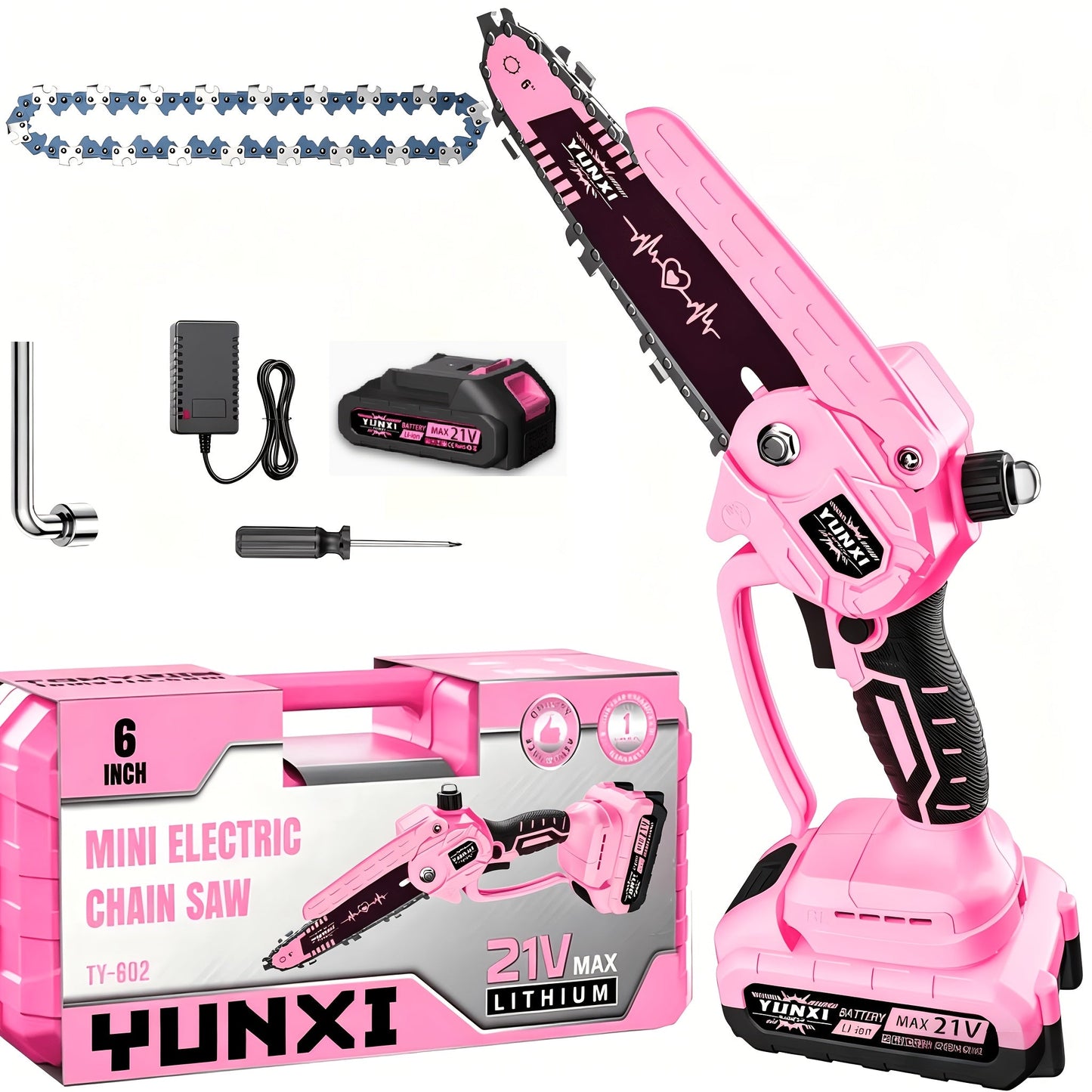 Mini Chainsaw 6 Inch 21V Cordless Battery Powered | Handheld Electric Chain Saw for Tree Branch Trimming Wood Cutting | Lightweight Portable Pruning Saw Pink