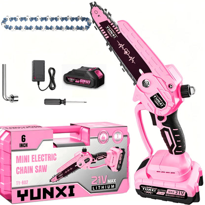 Mini Chainsaw 6 Inch 21V Cordless Battery Powered | Handheld Electric Chain Saw for Tree Branch Trimming Wood Cutting | Lightweight Portable Pruning Saw Pink