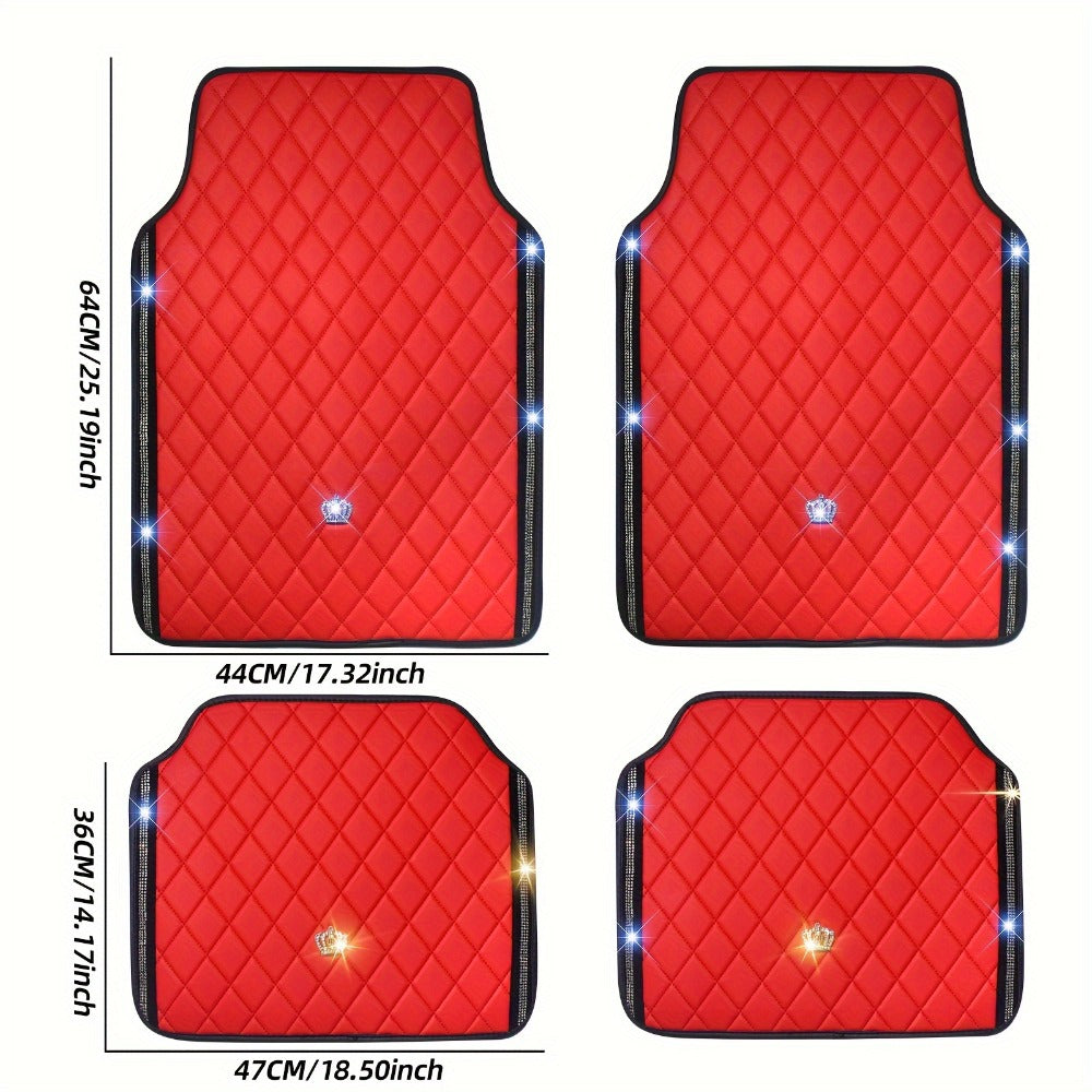 Luxury Car Floor Mats PU Leather Rhinestone Crown Embroidery – Glitter 3D Embossed Foot Pad, Easy Clean, Unisex, Red & Black