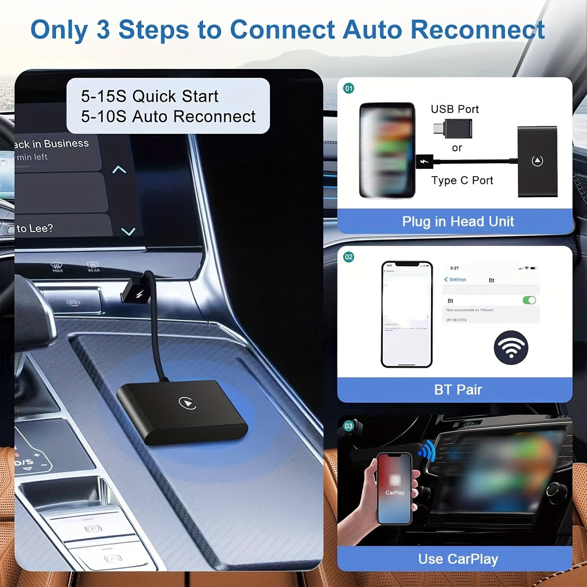 Portable Wireless Adapter Carplay Wired to Wireless Plug And Play Connect Wireless Dongle USB Car Converter for iPhone IOS 10+, Suitable for 2016 And Later Car