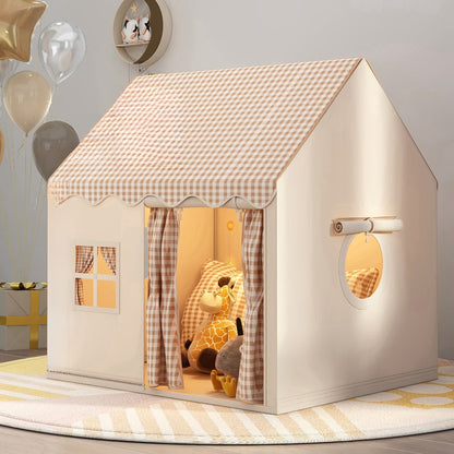 Kids Cabin Style Checked Play Tent – Indoor & Outdoor Polyester Playhouse Tent for Home Decor & Family Fun | Pink, Khaki, Yellow | Holiday Gift & Party Decoration