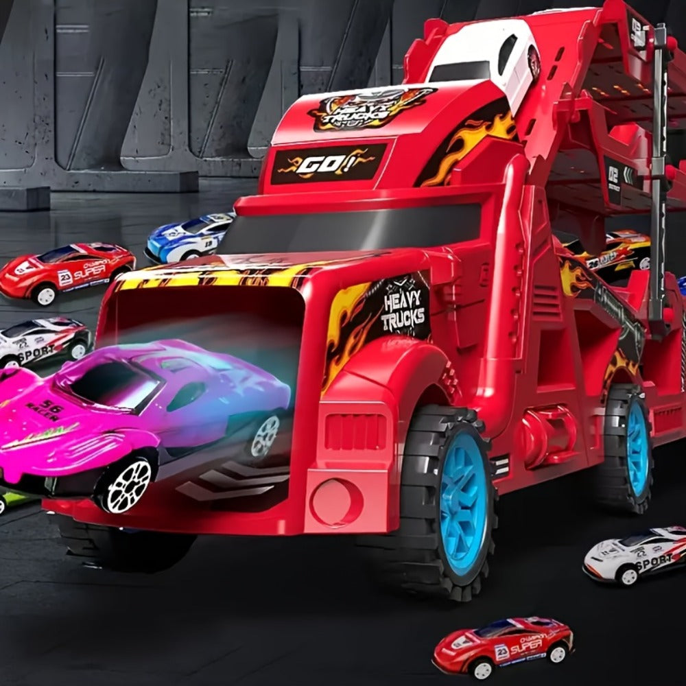 Transforming Launcher Truck Playset with 8 Alloy Cars – Foldable Storage Transporter Toy | Car Carrier Truck with Launch Ramp, Durable ABS Construction, Birthday Gift for Boys Ages 3 4 5 6