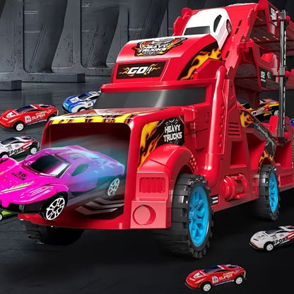 Transforming Launcher Truck Playset with 8 Alloy Cars – Foldable Storage Transporter Toy | Car Carrier Truck with Launch Ramp, Durable ABS Construction, Birthday Gift for Boys Ages 3 4 5 6