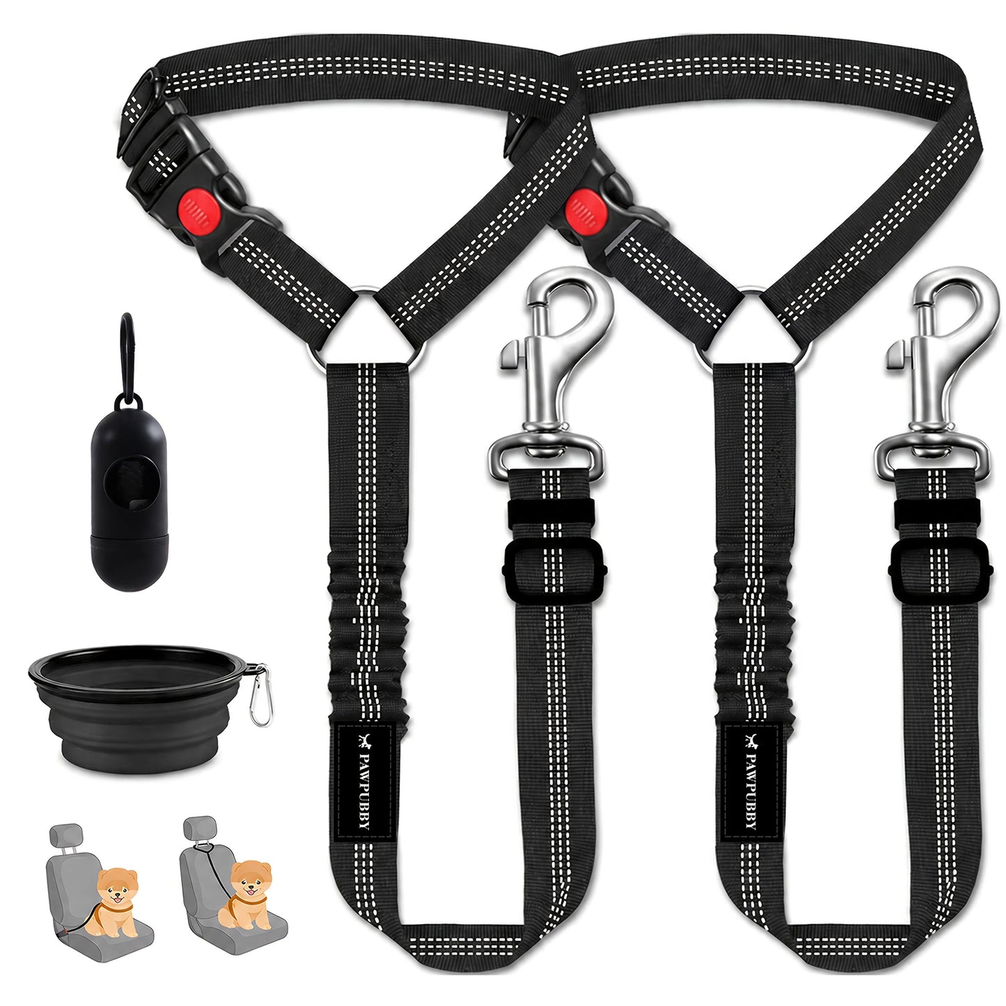 Dog Seat Belt for Car 3-in-1 Pet Car Seatbelt Harness & Leash – Retractable Adjustable Reflective Bungee Dog Restraint, Secures to Vehicle Headrest, Blue & Black