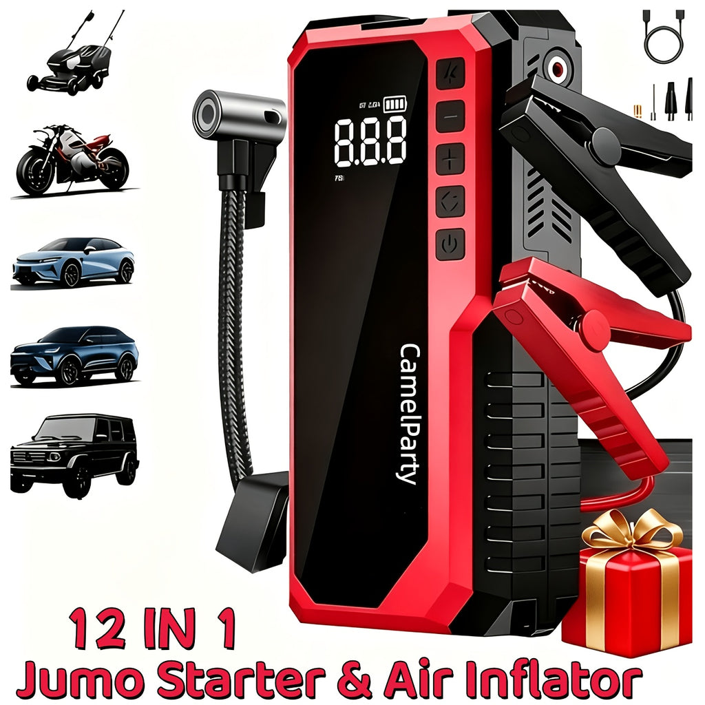 6000A/11000A Peak Jump Starter with Digital Tire Inflator Air Compressor, Multi-Function Car Jump Box Equipped with Smart Anti-Burn Battery Clips & LED Flashlight, Portable Emergency Power Bank for Car, RV, Motorcycle Vehicle Roadside Tools, Giftable