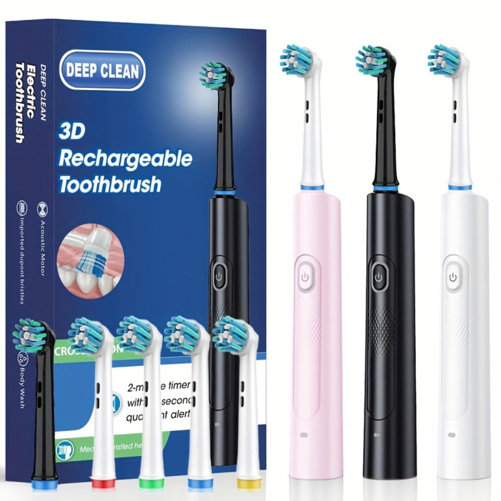 Electric Toothbrush with Smart Timer – Sonic Whitening, 3D Round Soft Bristle Head, IPX67 Waterproof, USB Rechargeable, 4 or 8 Brush Heads, Black White Pink for Adults, Couples & Families