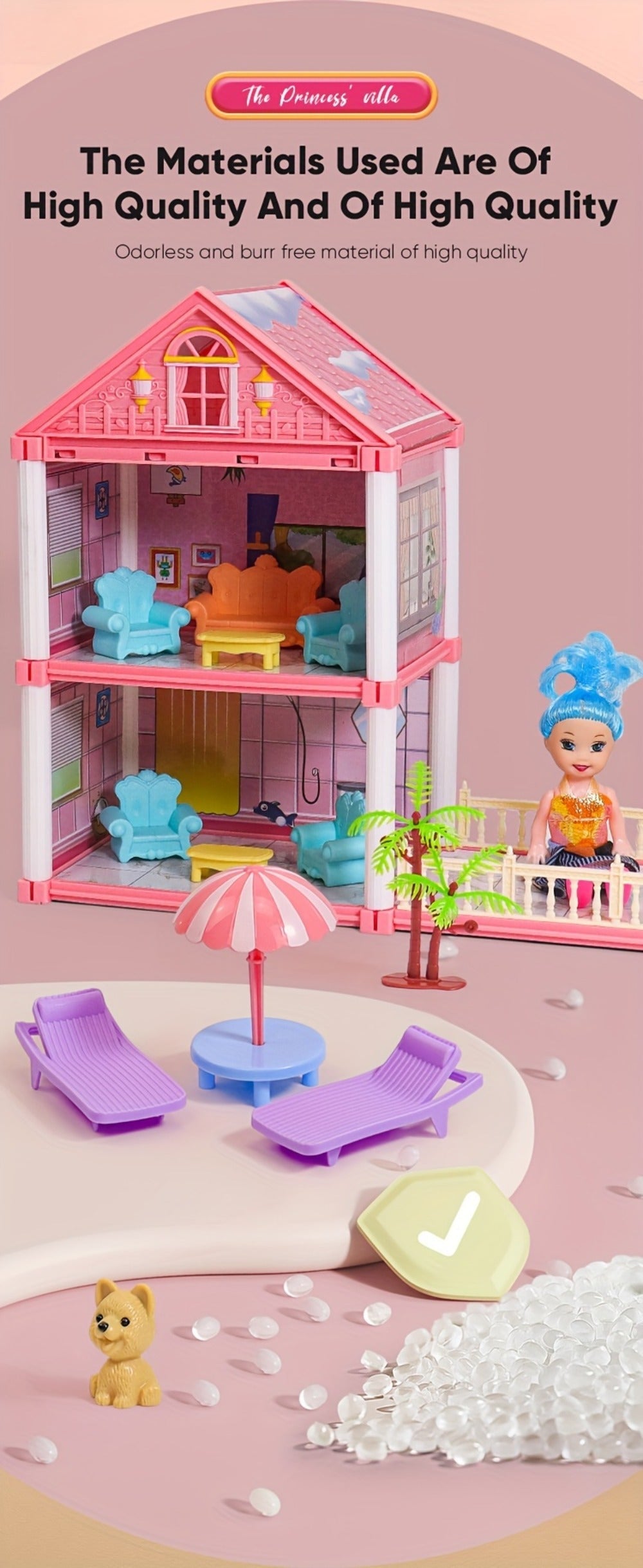 Princess Doll House Castle with Furniture & Accessories – Pink or Blue Mini Villa Playset 14 to 27 Rooms, Imaginative Play Logical Thinking Toy for Girls Ages 3+ Birthday Christmas Gift