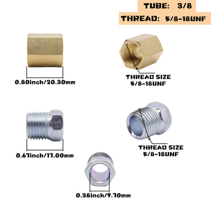 Brake Line Fittings Assortment Kit – 3/16", 1/4", 5/16" & 3/8" Tube Sizes, Inverted Flare Union Connectors, Multiple Thread Sizes, with Optional Hose Clamps for Automotive Brake Line Repair