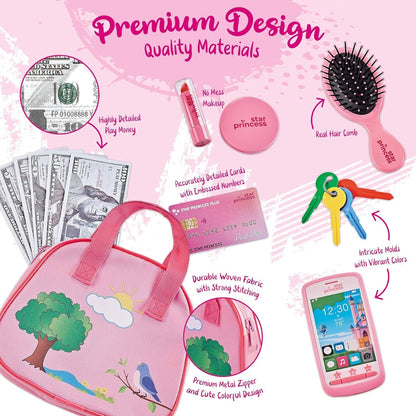 Girls Play Purse Set with Accessories 9pcs – Pretend Makeup, Toy Keys, Fake Phone & Credit Card | Toddler Dress Up Handbag Role Play Toy, Birthday & Christmas Gift for Little Girls Ages 3 4 5 6