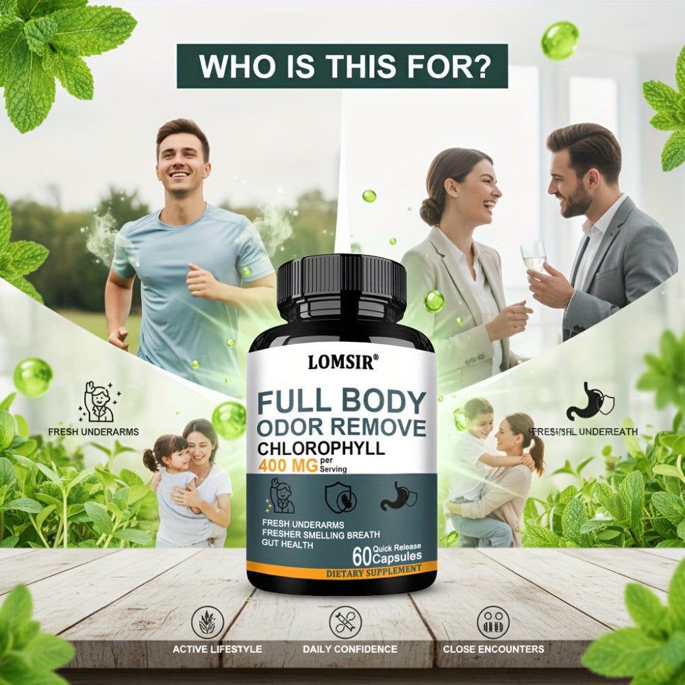 Chlorophyll Capsules 400mg with Matcha Green Tea, Apple Cider Vinegar, Peppermint, Sage & Aloe Vera – Daily Detox & Digestive Health Green Complex | Natural Body Odor & Gut Support | 60 Capsules