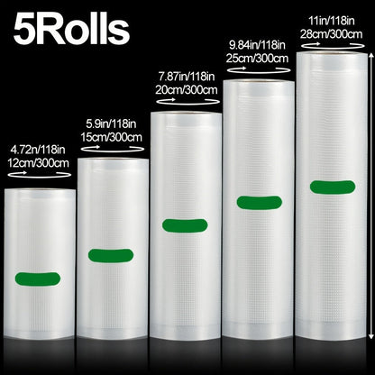 Vacuum Seal Bags Roll 5-Pack Multi-Size – BPA-Free PE+PA Vacuum Storage Roll Bags 3 Meters, 5 Widths for Food Storage, Meal Prep, Sous Vide & Freshness Preservation, Compatible with Vacuum Sealers