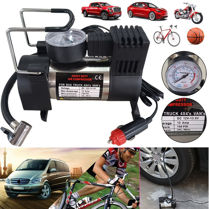Vehicle Air Compressor with Pressure Gauge, Suitable for Single Cylinder 150 PSI 12V DC Portable Tire Inflator for Cars, Trucks, Buses, Bicycles, And Other Vehicles, Without Battery