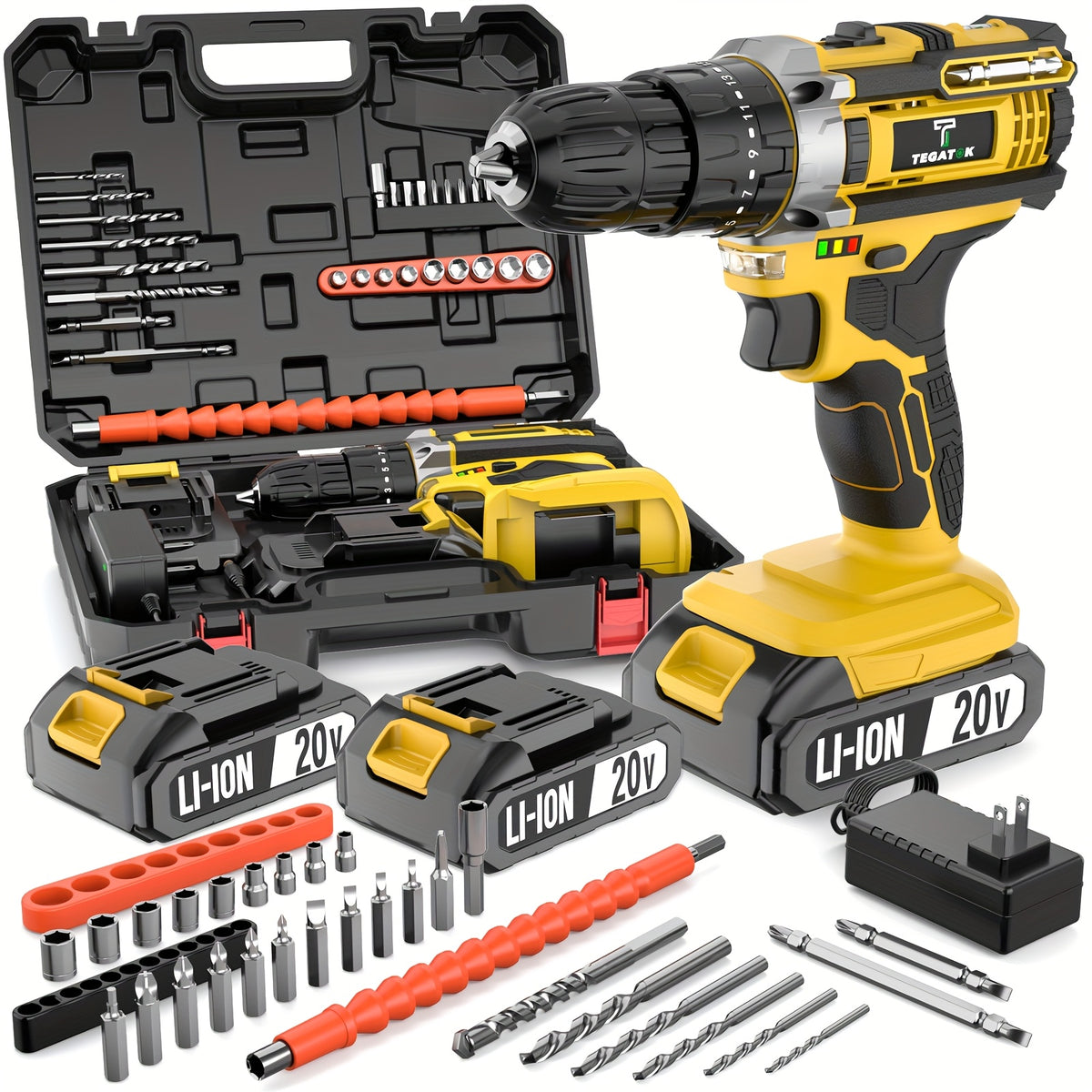 20V Cordless Drill Set, Impact Power Drill with 3/8 Inch Keyless Chuck, 18+3 Clutch Electric Drill with Work Light, Max Torque 45Nm, 2-Variable Speed And 2.0AH Batteries And Fast Charger