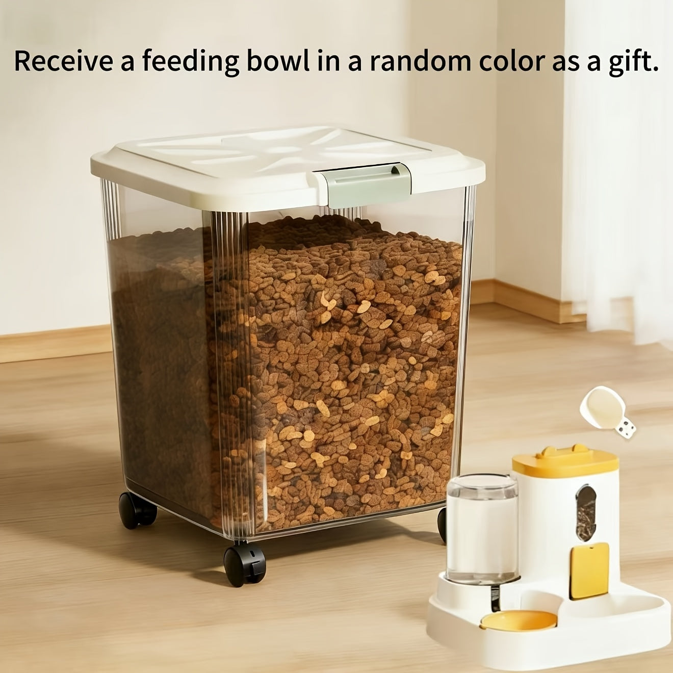 Pet Food Storage Container with Wheels – Lockable Lid Transparent Rolling Bin with Scoop for Dogs Cats & Birds, 11lb / 22lb / 33lb, Bonus Feeding Bowl Included