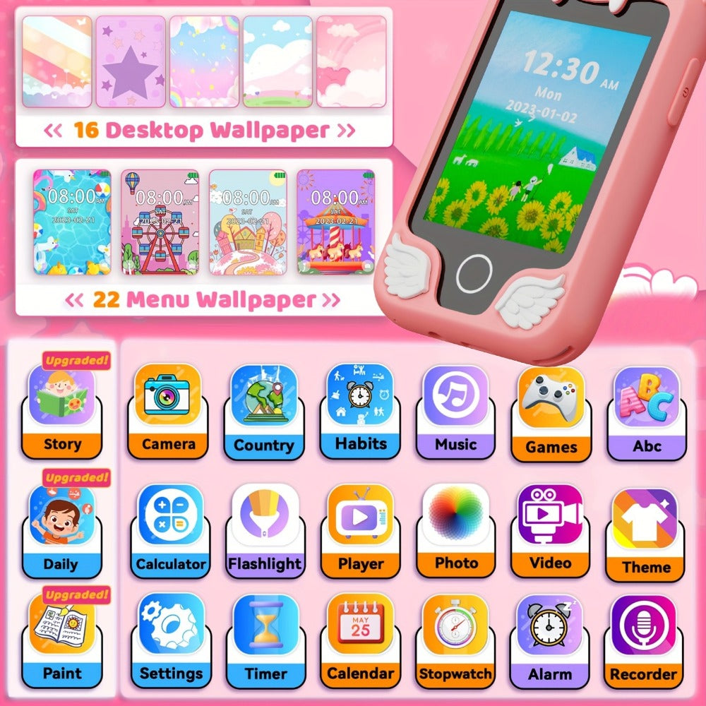 Kids Toy Phone with 25 Games Touchscreen HD Dual Camera & 8GB SD Card – Dinosaur Children's Cell Phone for Boys & Girls Ages 3-10 Travel Toy Birthday Christmas Easter Gift Pink Purple