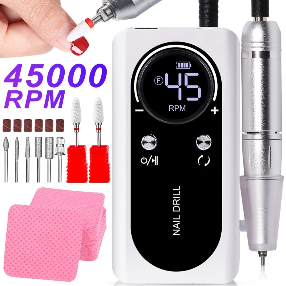 Low Noise Nail Drill Cordless 45000RPM Adjustable Speed with Power Display Portable Nail File Grinder for Gel Acrylic Nails Manicure Pedicure Home Salon Use Pink White Purple