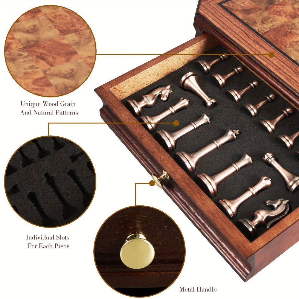 Wooden Chess Set with Metal Pieces & Storage Drawers 12 Inch – 2.5" Kings 2 Extra Queens Vintage Mahogany Board for Adults Beginners, Premium Strategy Game Gift