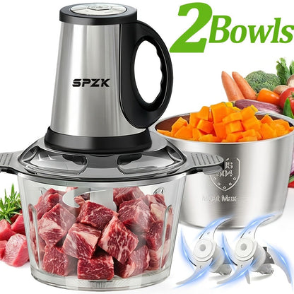 Electric Food Chopper with 2 Bowls & 2 Blades – Multi-Function Food Processor, Meat Grinder & Vegetable Chopper for Meats, Salads, Nuts, Garlic & More