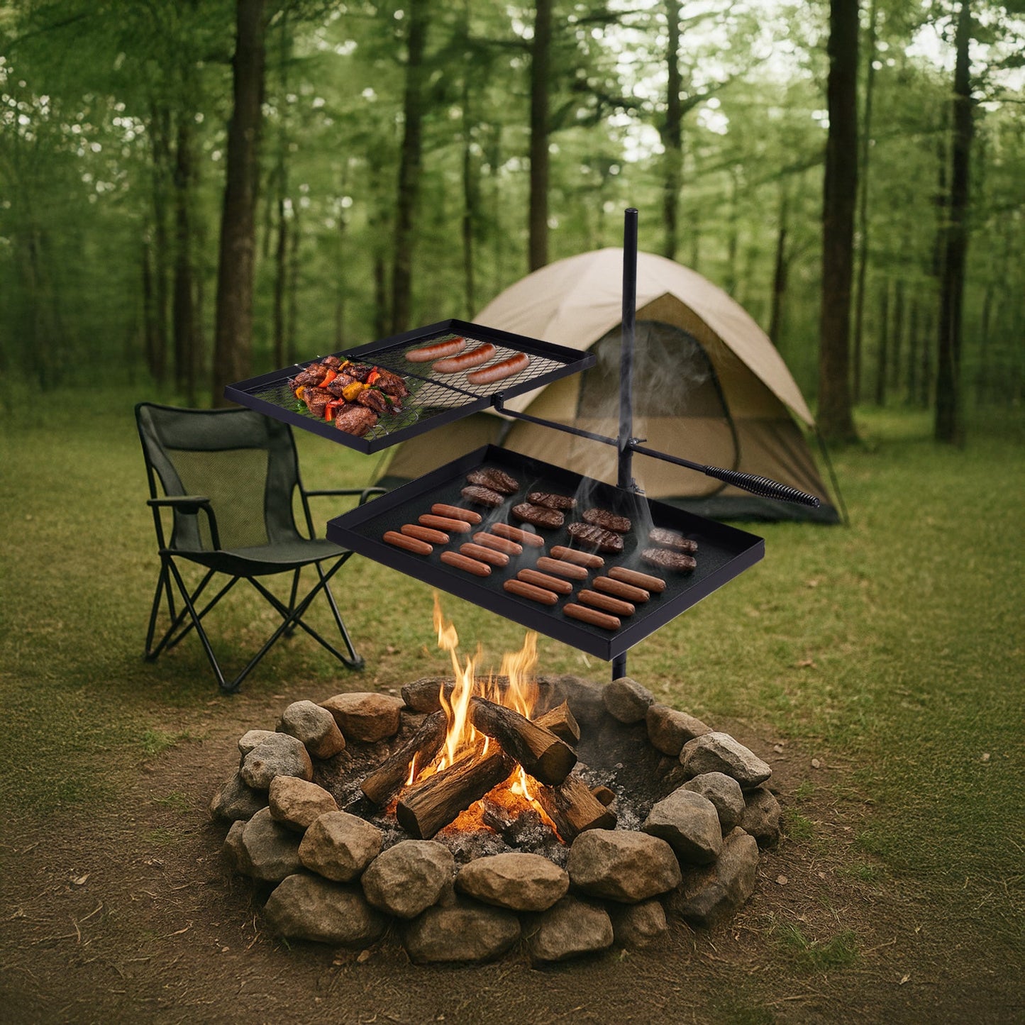 Portable Camping Grill Set – Heavy Duty Skillet Combo with Adjustable Grill Grate, Grill Pan & Carrying Bag – Steel & Iron Construction, 3 Size Options, Black Outdoor Cooking Kit