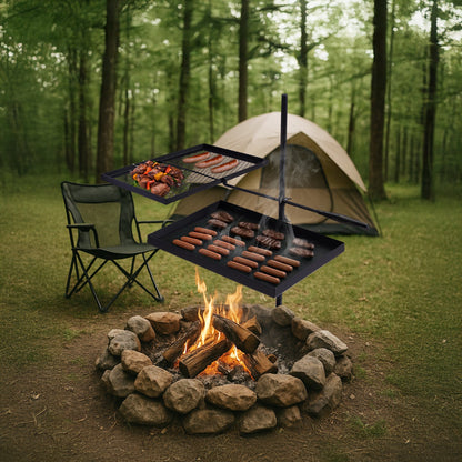 Portable Camping Grill Set – Heavy Duty Skillet Combo with Adjustable Grill Grate, Grill Pan & Carrying Bag – Steel & Iron Construction, 3 Size Options, Black Outdoor Cooking Kit