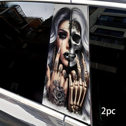Car Door B-Pillar Vinyl Decal Stickers 2pcs Skull & Girls Design | Waterproof Scratch-Resistant Self-Adhesive Glossy Exterior Decor | Durable Car Body Stickers for SUV Truck Auto Styling