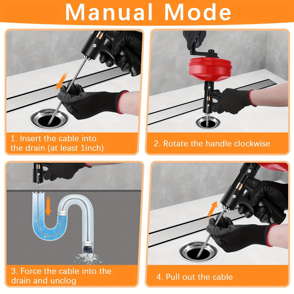 Drain Snake Auger 25ft with Drill Adapter - Heavy Duty Manual & Drill-Powered Plumbing Snake, 1/4" Spiral Head for 1-1/4" to 3" Pipes, Clog Remover for Shower Sink Toilet Bathtub, Gloves Included