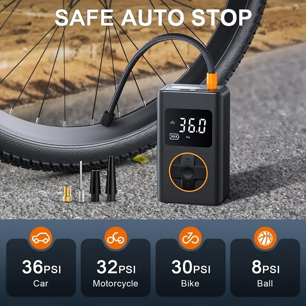 Portable Air Compressor for Tire Inflation Featuring an Automatic Shut-Off, Capable of 150PSI. This Car Tire Pump Comes with a Digital Pressure Gauge And LED Light, Powered by a Rechargeable Lithium Battery, And Is Ideal for Car Tires, Motorcycles