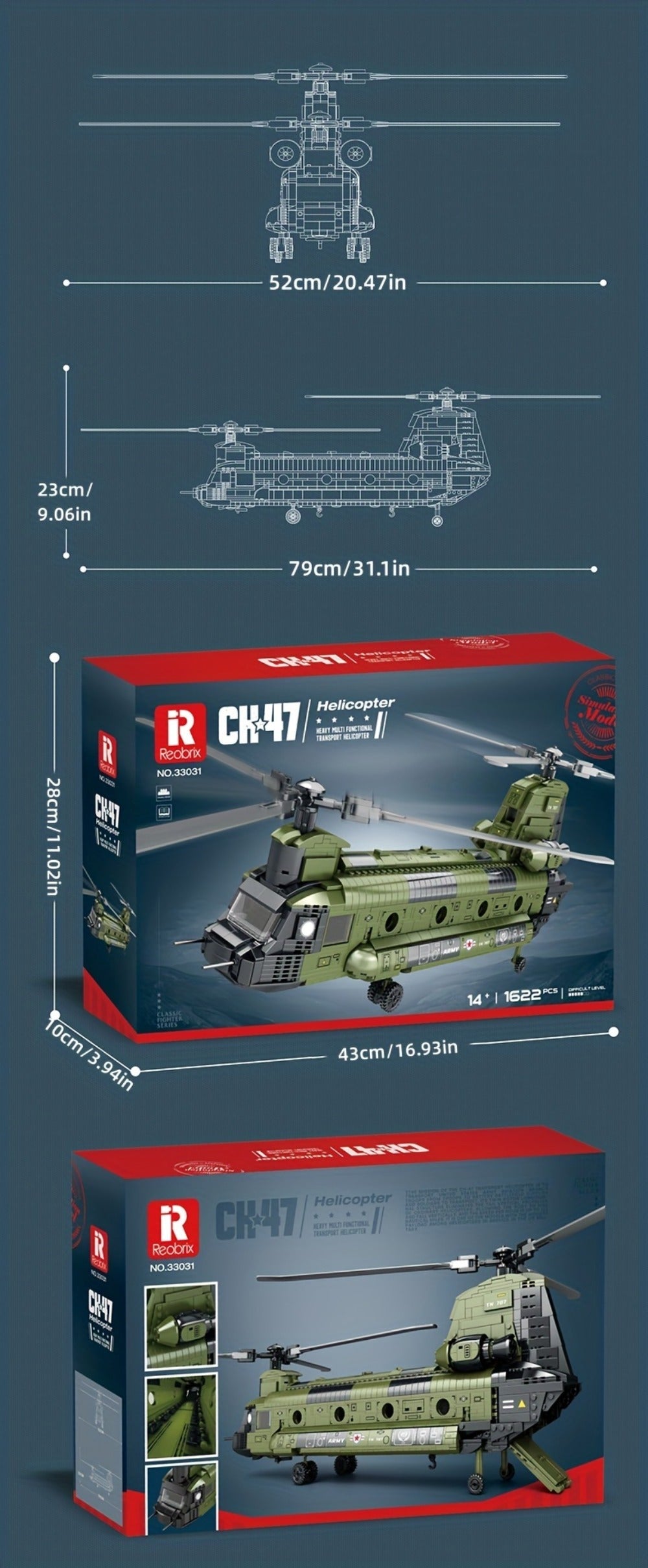 Chinook Helicopter Building Blocks Set 1622 Pcs – US Military CH-47 Transport Helicopter MOC Model Kit Adults Teens Aviation Military Fan Christmas Birthday Father's Day Gift