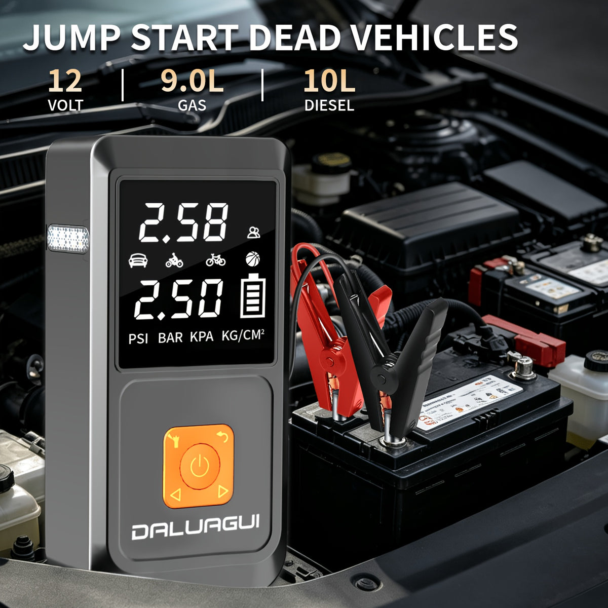 12000A Jump Starter With Digital Tire Inflator, Window Breaker Hammer, For 12V Car/Truck/SUV/RV/Motorcycle (1.59gal Gas/1.32gal Diesel), LED Display, 3-Mode Flashlight & Jumper Cables, High-Perf Pump, Emergency Kit, Outdoor Essential