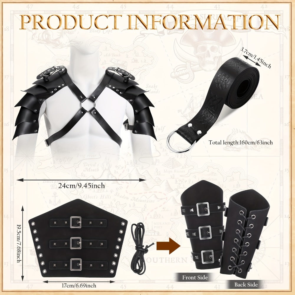 Medieval Knight Costume Set 4pcs PU Leather Shoulder Armor Cape Arm Guards & Belt for Men – Viking Warrior LARP Cosplay Halloween Renaissance Faire Prop, Black