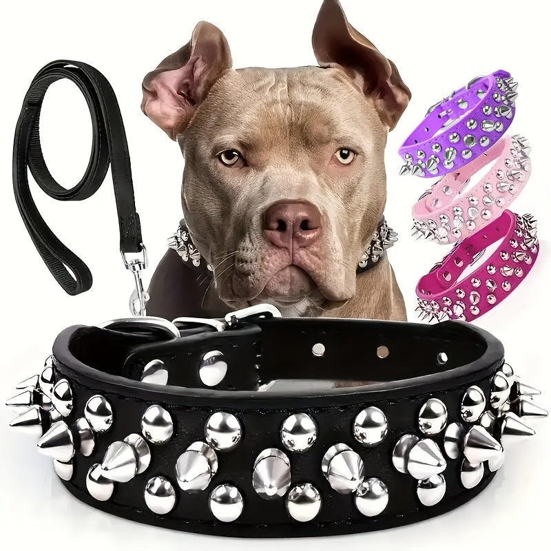 Rivet Dog Collar Bite Resistant with Leash Set, Heavy Duty Metal Buckle Pet Collar for Medium Large Dogs, Adjustable Sizes XS–XXL, Black Pink Red Blue Purple