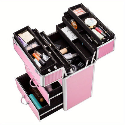 Makeup Train Case 4 Tier Lockable with Extendable Trays Large Capacity Cosmetic Organizer Box for Makeup Artists Salon Professional Beauty Storage Portable Travel Case Pink