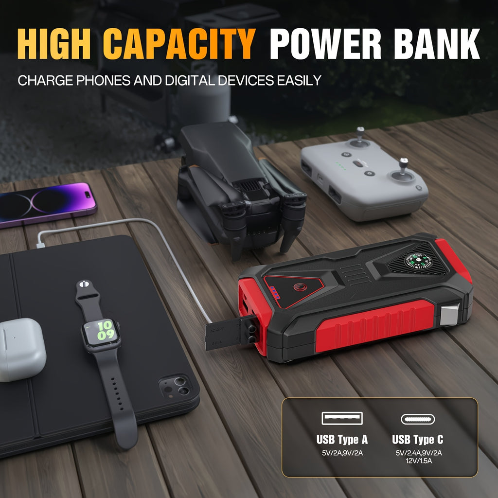 12V Portable Battery Starter | 5000A Peak Jump Starter for 2.64gal Gasoline and 2.11gal Diesel Engines, LED Flashlight, SOS Warning Lights, Emergency Power Supply with Safety Hammer and Compass, USB Dual Use, Rechargeable Lithium Polymer Battery, For RV