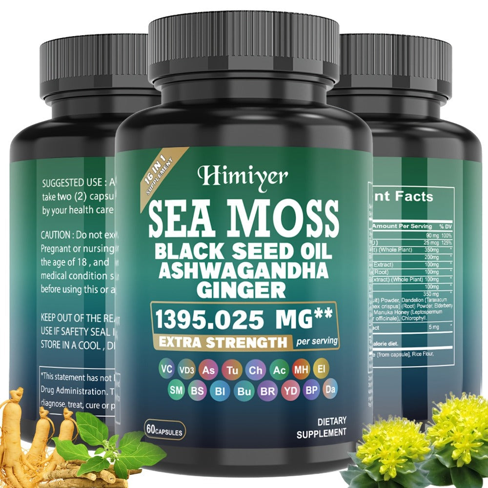 Sea Moss Capsules 3-Pack 180ct with Black Seed Oil Ashwagandha Turmeric Vitamin C D3 — Superfood Supplement for Energy Immunity Thyroid Gut Health Men Women