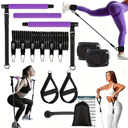 Pilates Bar Kit 14pcs with Resistance Bands & Tension Belt – Multifunctional Fitness Pedal Puller Stick for Home Yoga Stretch Training, Full Body Workout Equipment for Women Men