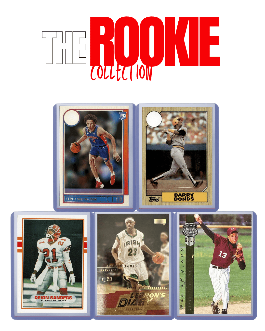 Sports Rookie Card Lot of 5 Cards NBA NFL MLB | Hall of Famers & Stars LeBron James Derek Jeter Barry Bonds | Near Mint Authentic Licensed Collector Gift