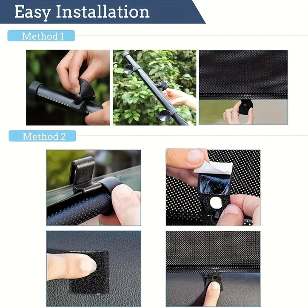 Car Window Curtains 2pcs Retractable PVC Side Window Shades One-Click Storage UV Block Anti-Glare Heat Shield Easy Install Suction Cup Hook Black Car Interior Accessory