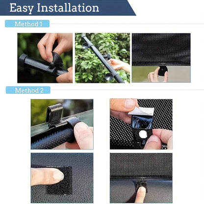 Car Window Curtains 2pcs Retractable PVC Side Window Shades One-Click Storage UV Block Anti-Glare Heat Shield Easy Install Suction Cup Hook Black Car Interior Accessory
