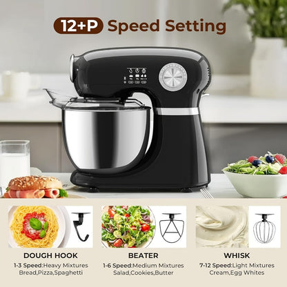 Bowl-Lift Stand Mixer 5.5 Qt 4-in-1 Electric Vertical Mixer 350W 12-Speed with Pulse Stainless Steel Bowl Dough Hook Whisk Mixing Paddle for Cake Bread Dough Black Red
