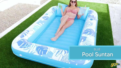 XL Inflatable Tanning Pool Float 85x57 Inch – 4-in-1 Suntan Tub Raft with Built-In Pillow, Sunbathing Bed Lounge & Ball Pit for Adults | Oversized Floating Mattress for Pool Lake Beach, Blue