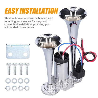 Loud Air Horn for Truck - 130dB Double Tube Aluminum Alloy with Compressor, 12V/24V Universal, Super Loud for SUV, Boat, Motorcycle, Off-Road, Bus, Quick Install