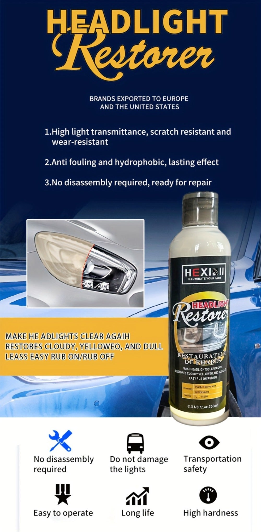 Car Headlight Restoration Fluid 8.5oz – Removes Yellowing, Oxidation & Haze | Crystal Coating Refurbishment Agent for Plastic Headlamp Lenses | Treats 6-10 Headlights