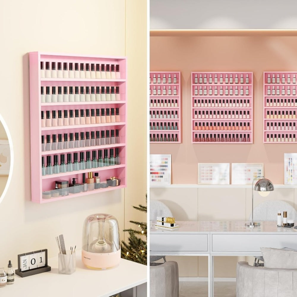 Nail Polish Rack Wall Mount Organizer 6-Tier & 10-Tier with Acrylic Baffle – Salon Display Shelf for Nail Polish Storage, Home Nail Studio & Spa, Black White Pink