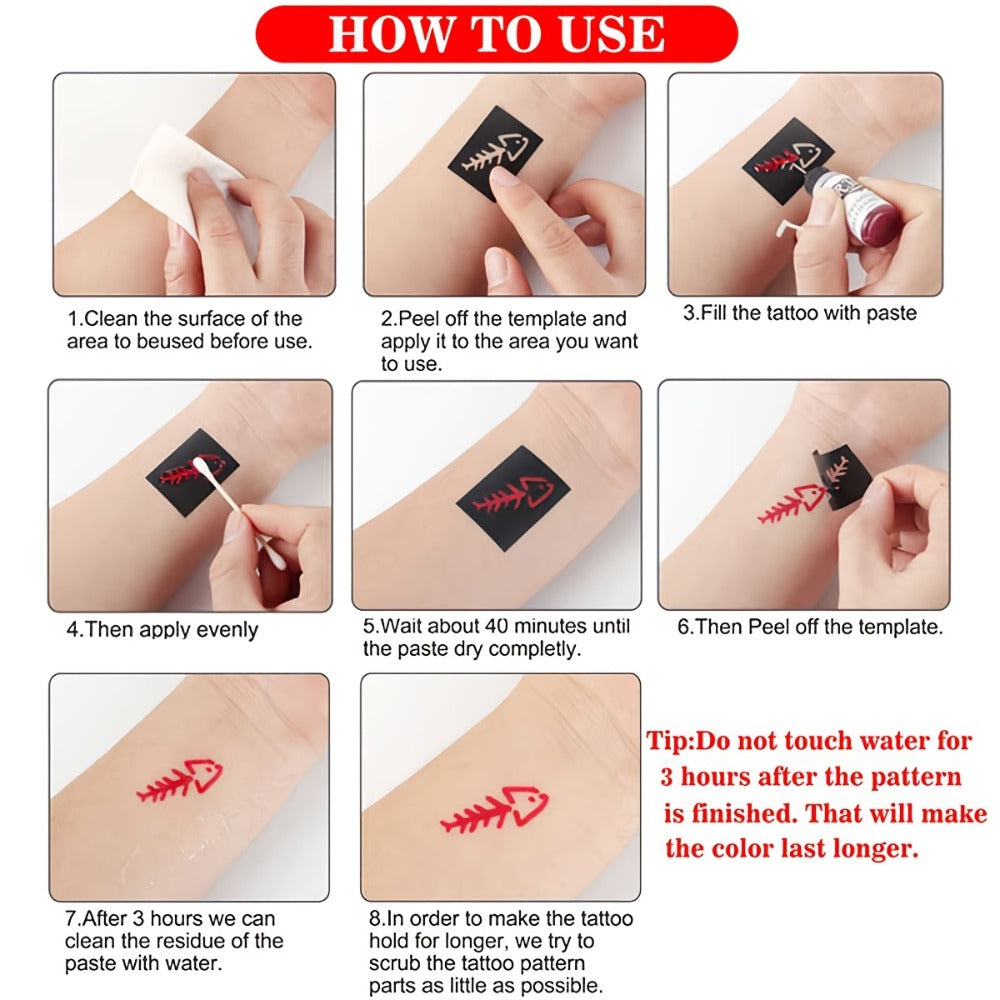 Tattoo Stencil Kit with Brown Paste Ink & Flash Spray – Pre-Cut Hollow Template DIY Freehand Henna Style Temporary Tattoo Body Art Designs 2-Pack No Machine No Electricity for Festivals Parties Gifts