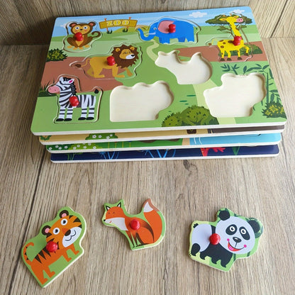 Wooden Peg Puzzles for Toddlers Set of 4 – 32 Piece Knob Puzzle Bundle Farm Zoo Christmas Halloween Themes, Montessori Educational Gift for Kids Age 1 2 3 Boys Girls