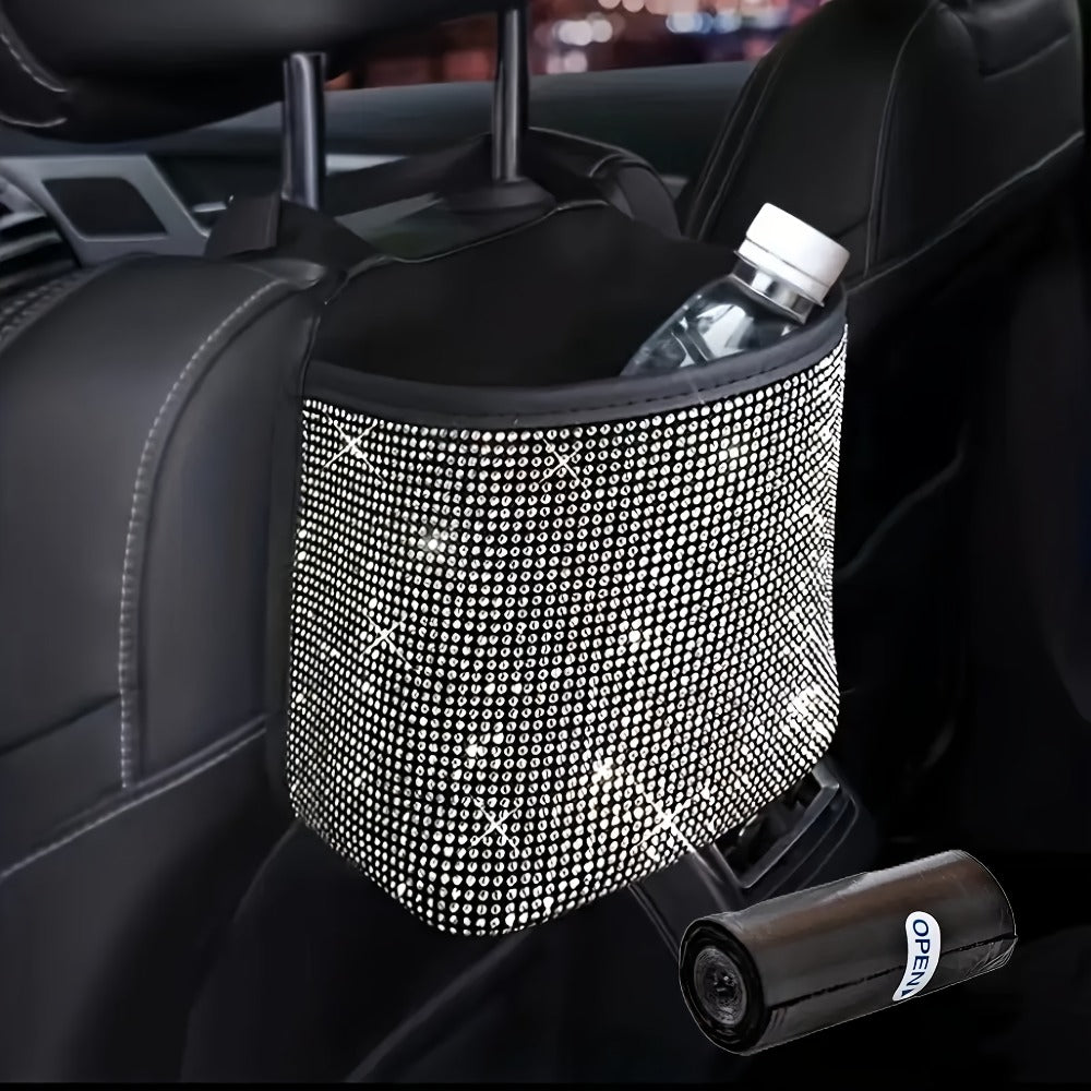 Bling Rhinestone Car Trash Can with Trash Bag – Sparkling Crystal Hanging Seat Back Bin, Space-Saving Car Interior Organizer for Women & Girls