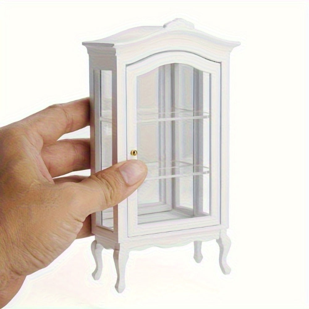 Miniature Display Cabinet with Mirror & 3 Glass Shelves White Wooden Mini Showcase – Dollhouse Decoration Photography Prop Wedding Scene Decor, Collectible Gift for Miniature Enthusiasts & Collectors